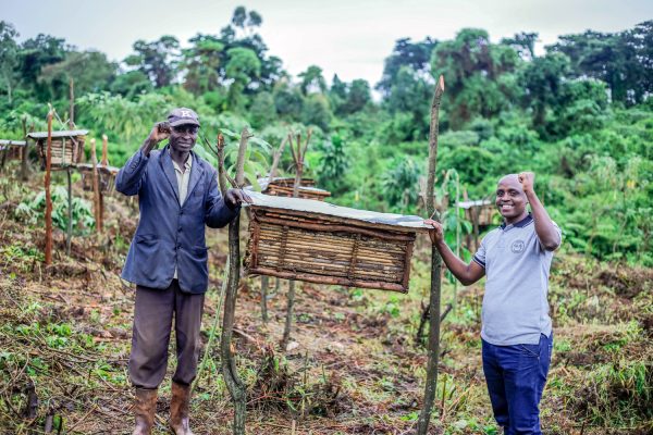 Ugandischer Kleinbauer freut sich über seinen ersten selbstgebauten Bienenkasten, der ihm als Imker ein Zusatzeinkommen ermöglicht (Stay Bee)